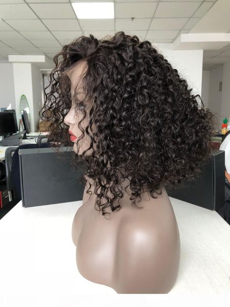 

women's 10a brazilian virgin human hair lace front wig glueless short bob wavy with baby hair for black women 14 inch 130 density 1b co, Black;brown