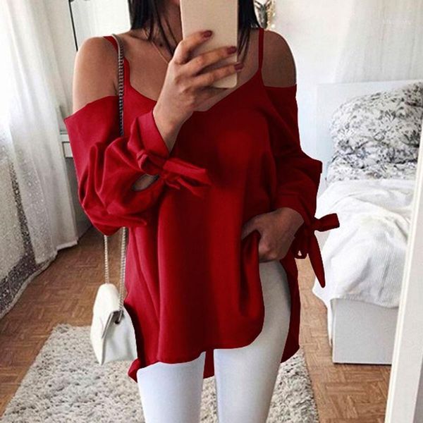 

2020 summer women long-sleeved shirts sling off shoulder v-neck bow tie sleeve women casual solid roupa feminina1, White