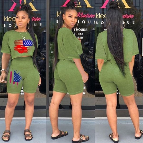 

summer women's printed tracksuit short sleeve tees + shorts two-piece clothes suit ladies casual sportwear with pocket l-3xl h2102, White