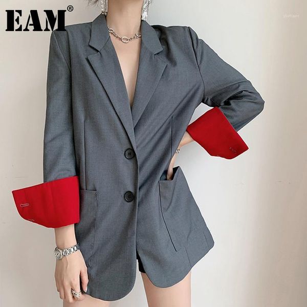 

eam] women gray split joint big size blazer new lapel long sleeve loose fit jacket fashion tide spring autumn 2020 1z4101, White;black