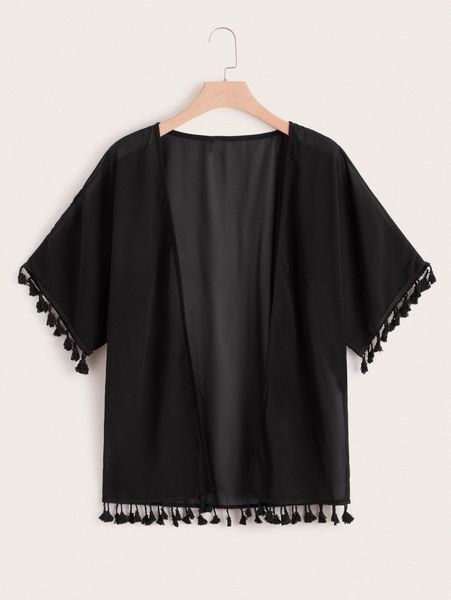

plus tassel trim solid kimono o9jy#, Black