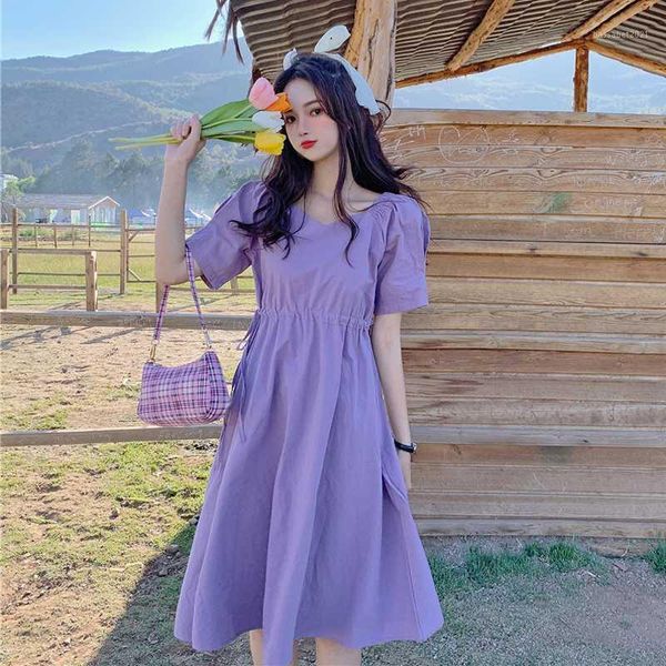 

casual dresses zosol in the summer of 2021 very wonderland french long waist hugging thin purple v-collar short-sleeve dress1, Black;gray