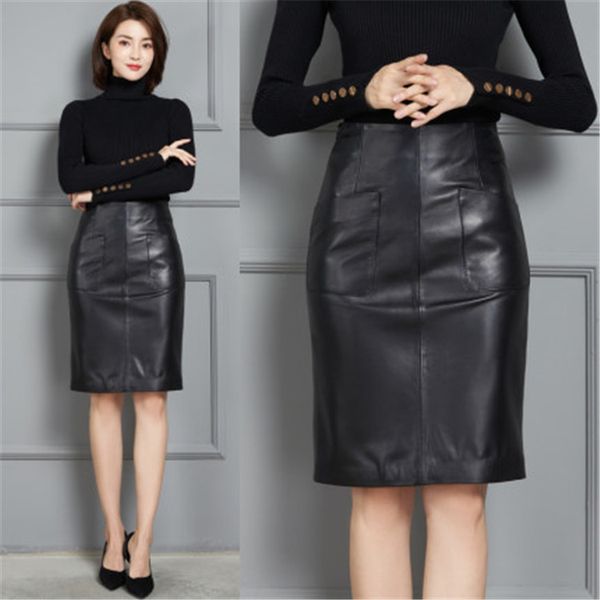 

2021 new fashion genuine real sheep leather skirt k8, Black