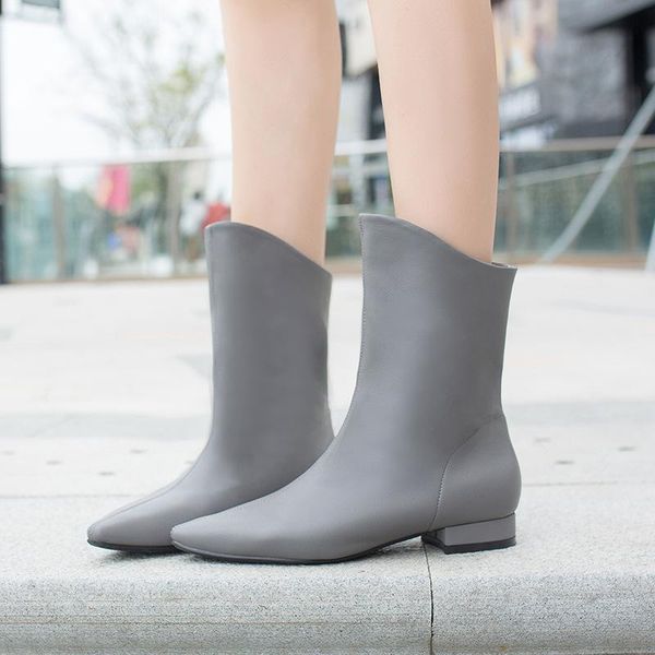 

elegant slip-on women mid calf boots low square heel pu pointed toe vintage winter boots plus size shoes rubber solid, Black