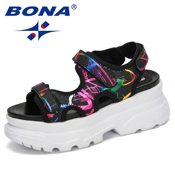 

bona 2020 new designers спорт сандалии женщины клин выдалбливают сандалии открытый платформы обувь женщина бич летняя обувь feminimo, Black