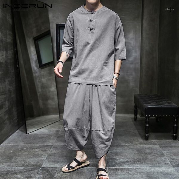 

incerun men sets retro cotton streetwear 3/4 sleeve casual shirt calf length pants 2 pieces 2020 solid chic vintage men's suits1, Gray