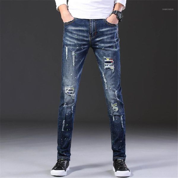 

2020 fashion casual jeans mens straight stretch dot craft little feet skinny jens men scratched blue hole denim tide pants,es6861