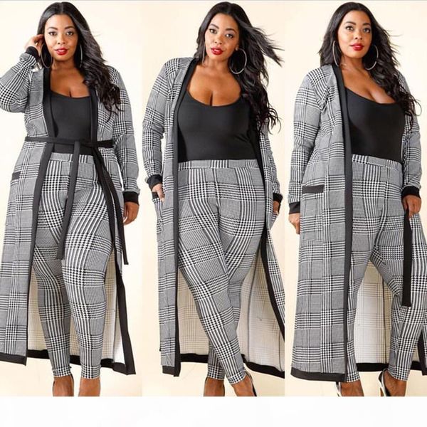 

2 piece set 2018 fashion women plaid long trench cardigan and bodycon pants suit summer two piece outfits, White