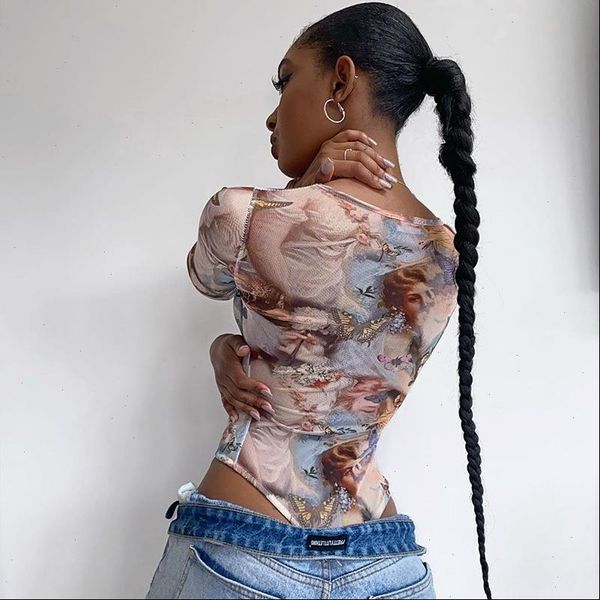 

women bodysuit autumn winter 2020 long sleeve vintage print y2k clothing womens fashion streetwear outfits high leg body, Black;white