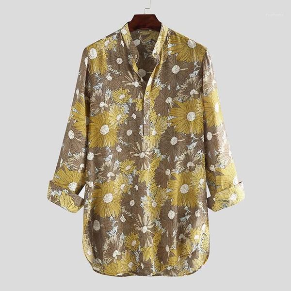 

men long style shirt floral print vintage streetwear 2020 long sleeve v neck casual breathable men muslim clothing incerun1, White;black