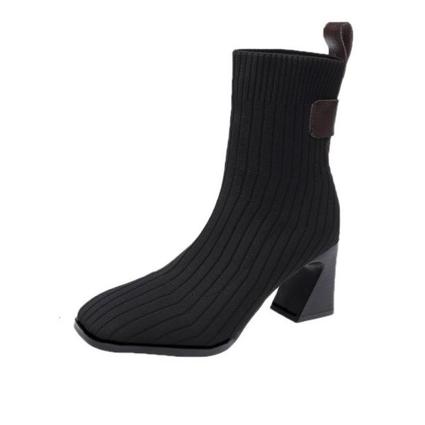 

women knitted ankle boots heel slip on square toe high heels office ladies fashion 2021 new 1 935f, Black