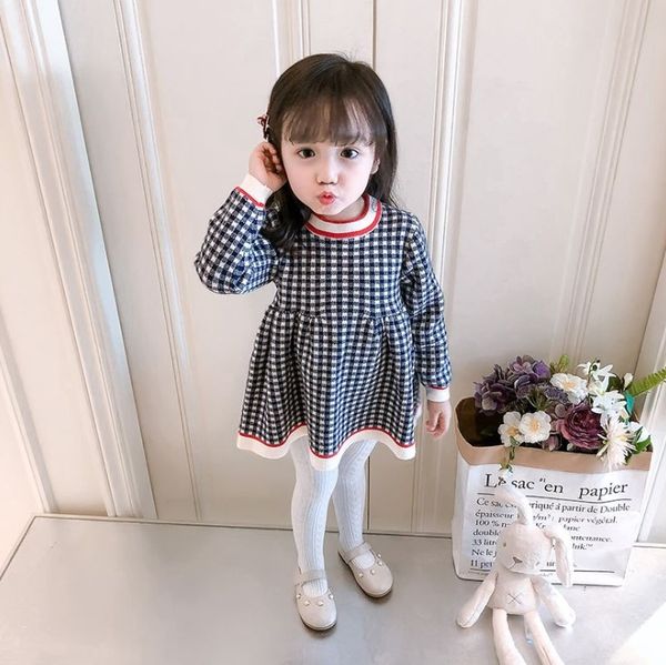 

девушки осень платье 2020 горячая продажа плед вязаные юбки младенца способа малышей свитер платья девушки симпатичные лолита стиль длинное, Red;yellow