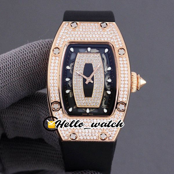 

new rm07-01 black skeleton diamond dial miyota automatic womens watch rose gold full diamond case black rubber ladies watches hello_watch, Slivery;brown
