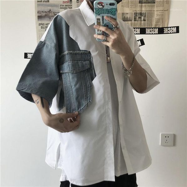 

men's casual shirts 2021 summer youth men's loose personality denim stitching five-point sleeve shirt fashion jacket1, White;black