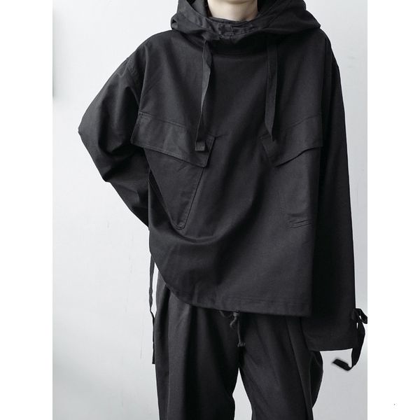 

hip hop super loose pullover men's hooded sweater tassel rope large pocket hoodie jacket, Black;brown