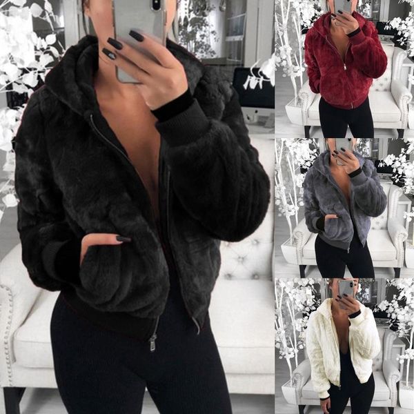 

women winter long sleeve zip up hooded cardigan jacket fuzzy plush warm outwear1, Black;brown