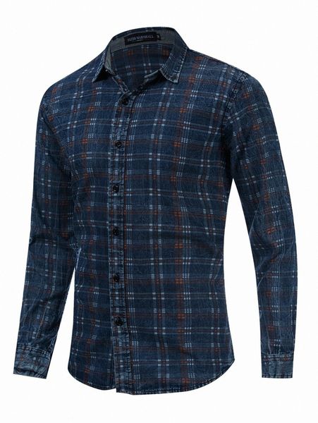 

men button front plaid denim shirt 74ri#, Blue