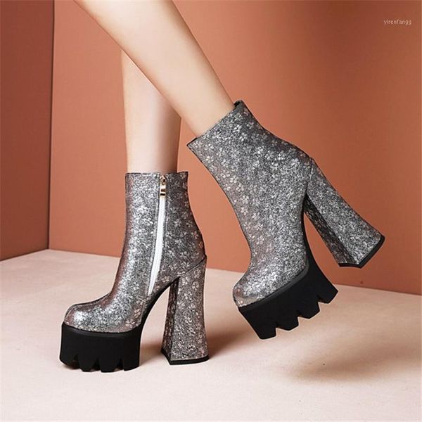 

pxelena 2020 autumn winter ankle boots women super high heels chunky block platform gothic punk rock boots gold silver shoes 431, Black