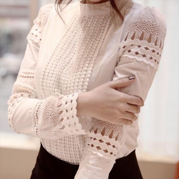 

мода дамы белый blusas с длинным рукавом кружева крючком блузки женская одежда женская блузка drop доставка, White