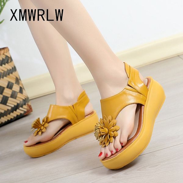 

xmwrlw women flat platform sandals 2020 summer genuine leather handmade shoes women summer sandals slip on ladies shoes sandal, Black