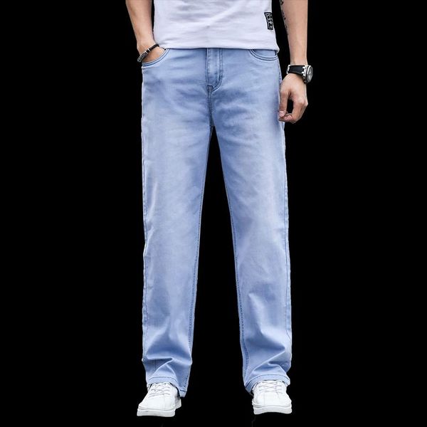 

men's loose jeans 2020 autumn winter comfortable cotton youth casual straight denim jeans light blue plus size 30-44