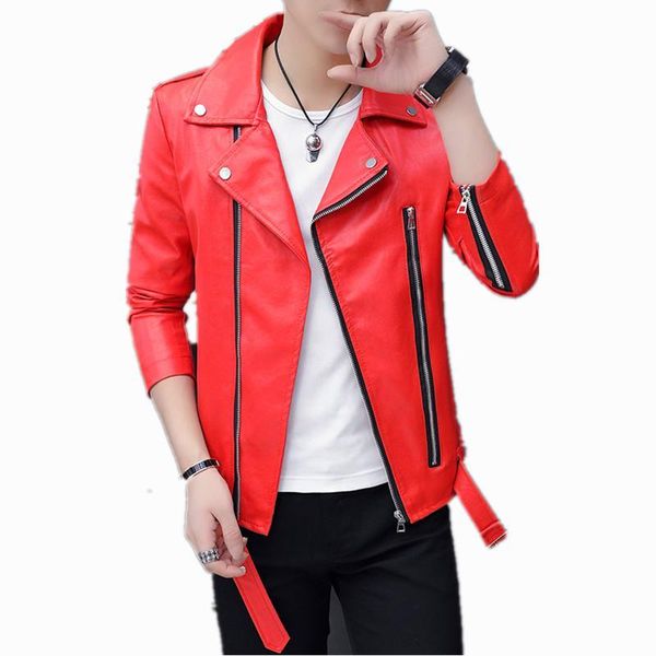 

2020 autumn casual oblique zipper belt faux leather men jacket motorcycle leather jacket men slim fit coat, Black