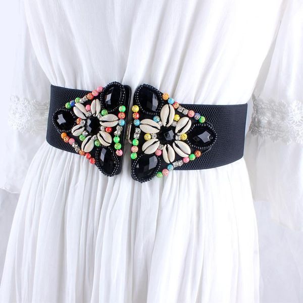 

elastic waist seal wide belts for women decorative national fashion black stretch strap rhinestone inlay, Black;brown