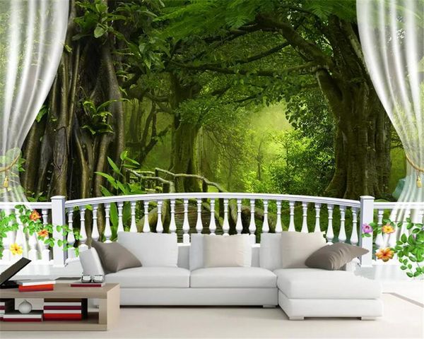 Beibehang Benutzerdefinierte 3D Wallpaper Natur, Landschaft, grün großer Baum Wald Wasserfall Balkon Hintergrund Wand