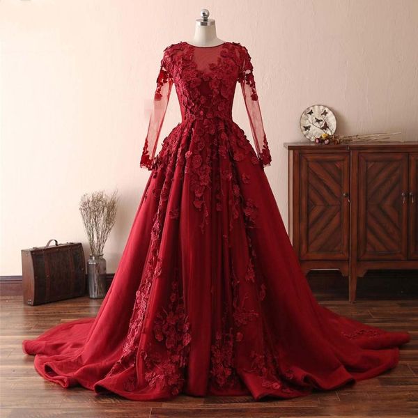 Erstaunliche rote 3D-Blumenblumen, lange Ballkleider, Illusion, lange Ärmel, Abendparty-Kleider, geraffte Tüll-Applikation, formelles Kleid