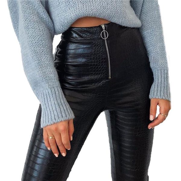 

fashion women pu pants casual high waist leather pants winter high street crocodile pattern zipper pencil pants streetwear, Black;white
