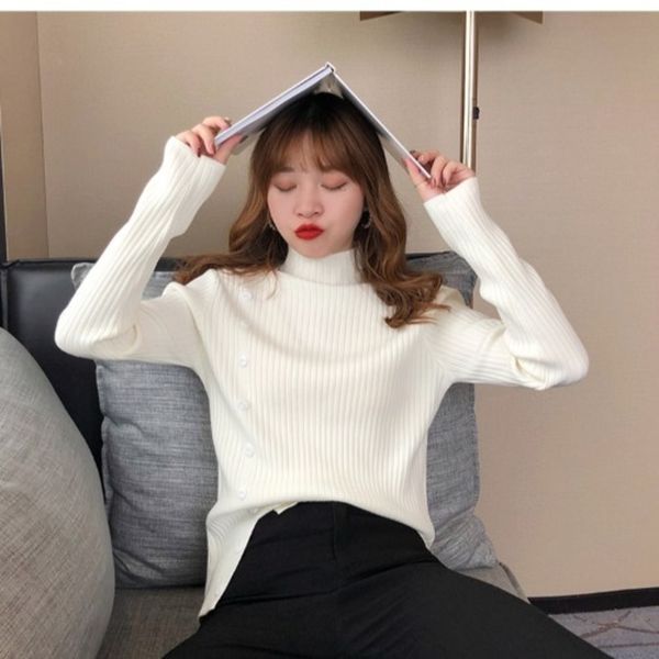 

autumn 2020 new korean half high collar heart knitting for women's bottoming with loose pullover pullover sweater and versatile sweater, White;black