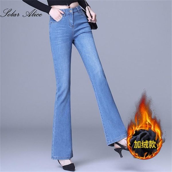 

2020 women's winter new plus velvet padded bootcut jeans high waist slim stretch plus size casual pants, Blue