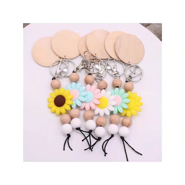 

cross-border beaded food grade silicone sunflower keychain can be printed round pendant key ring wholesale multi-color optional, Silver