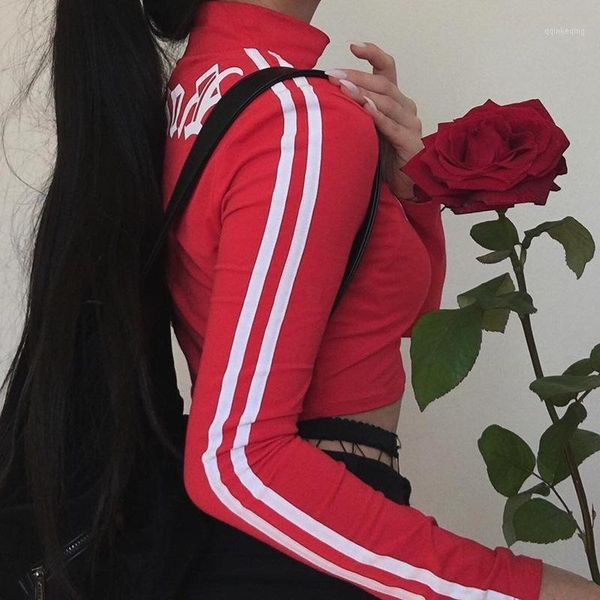 

jo kalin 2018 new fashion side stripped red female t-shirt long sleeve letter printed harajuku fitness t shirt women crop, White
