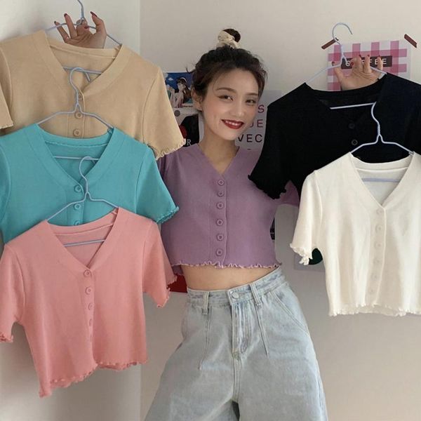 

summer knitted solid t-shirt women's casual v neck short sleeve single breasted tee female women 2021 new fashion, White
