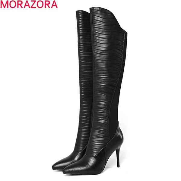 

boots morazora 2021 genuine leather stiletto high heels pointed toe women winter black color knee