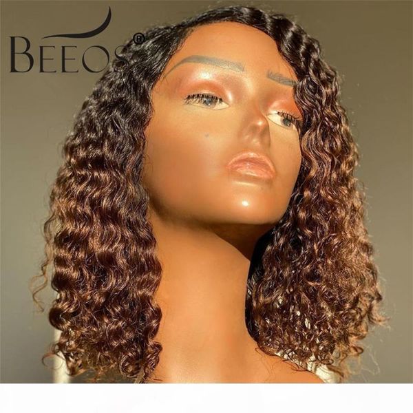 

ombre brown colored short curly bob 4*4 lace frontal closure wigs 180% brazilian remy human hair wigs with baby hair pre plucked, Black;brown