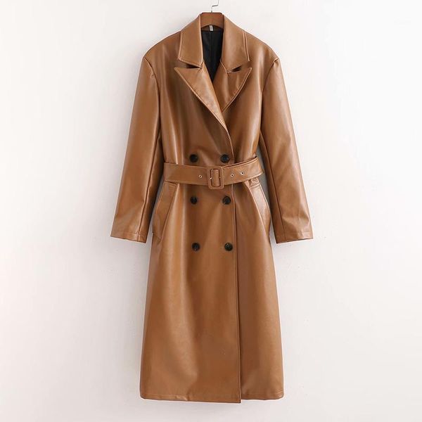 

zoepo spring tie belt waist long trench women fashion solid pu leather trench women elegant double breasted female ladies1, Tan;black
