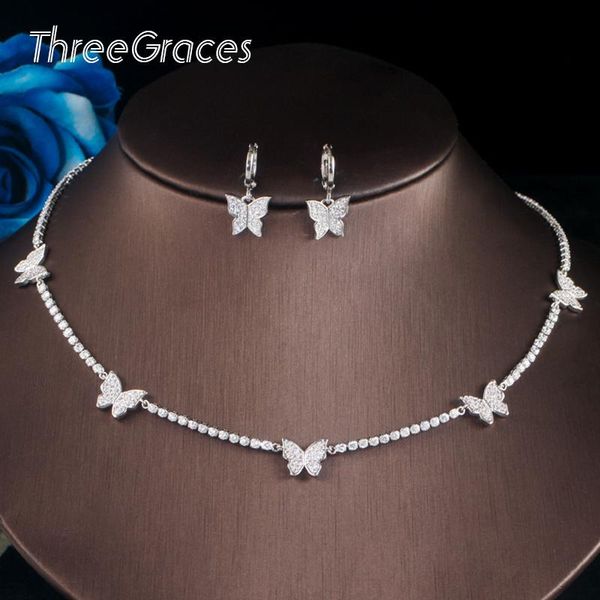 

threegraces beautiful yellow gold butterfly shape earrings choker necklace cubic zirconia jewelry sets for women party t538, Silver