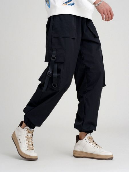 

men buckled strap flap pocket side cargo pants z5te#, Black
