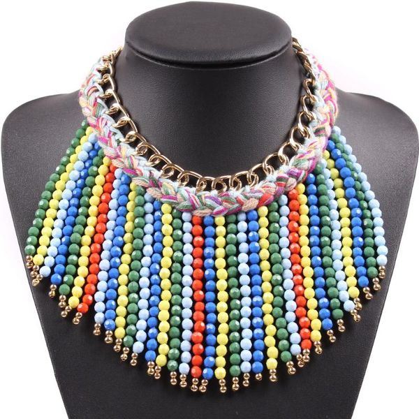 

chokers fashion cotton string braided gold chain colorful bead tassel chunky statement choker necklace for women autumn jewelry, Golden;silver