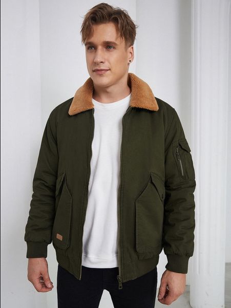 

men contrast shearling collar jacket 36ws#, Black;brown