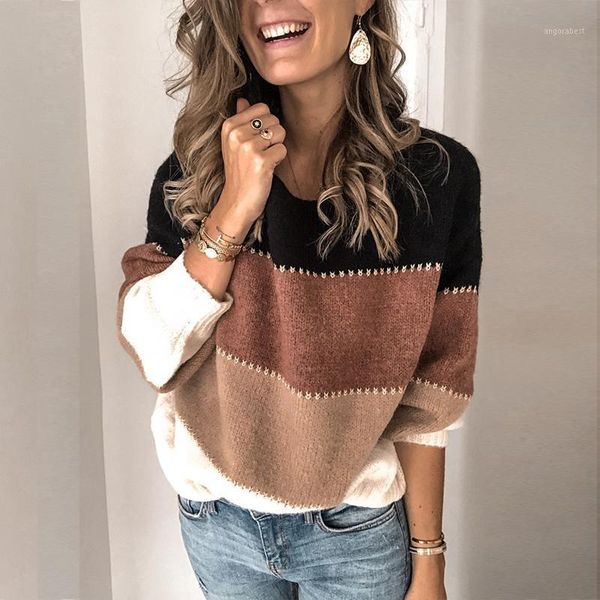 

fashion patchwork o-neck autumn winter sweater 2020 women long sleeve warm knitted sweaters pullover female jumper1, White;black