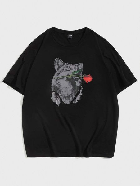 

men floral & wolf print tee 81xe#, White;black
