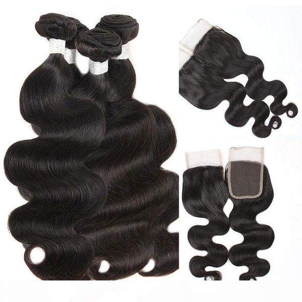 

4 bundles body wave brazilian virgin hair extensions with closure 10a brazilian virgin hair wet and wavy human hair weave with lace closure, Black