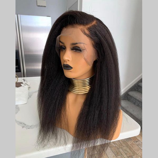 

new brazilian yaki kinky straight 13x5.5 lace front wigs 100% human hair for black woman 180% density glueless frontal wig with baby hair na, Black;brown