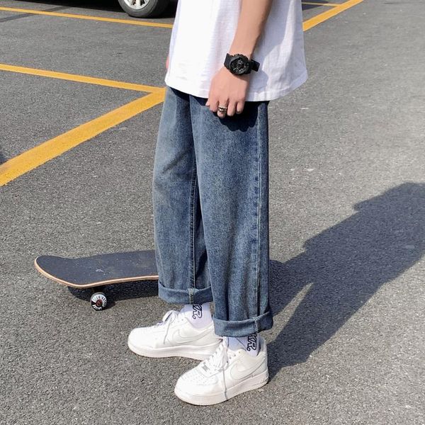 

men's solid color jeans korean casual oose harajuku streetwear straight leg pants wide leg pants men's retro ankle-length, Blue