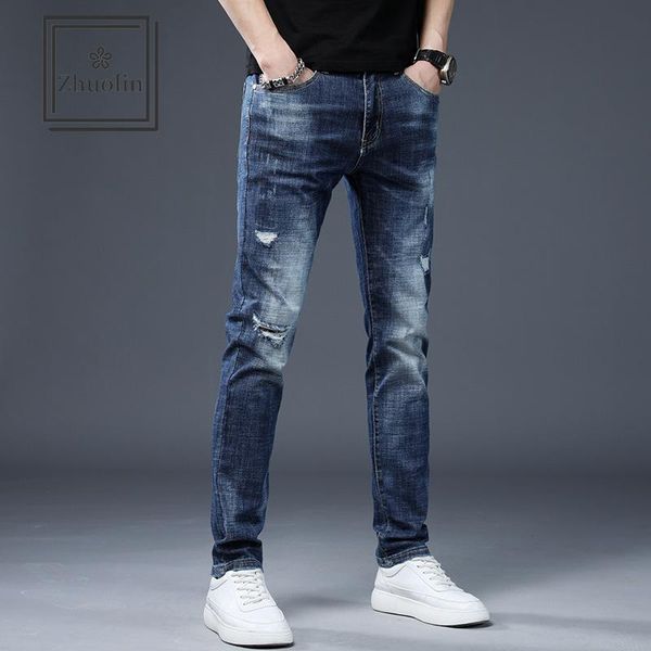 

men's jeans zhuolin feet pants 2021 casual korean ripped body youth long beggar trend, Blue