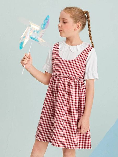

girls peter pan collar buffalo plaid dress she, Red;yellow