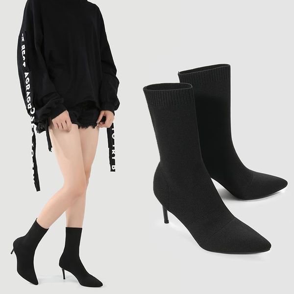 

skinny elastic boots women's autumn and winter 2021 new pointy thin heel short boots wool knitted socks joker single, Black